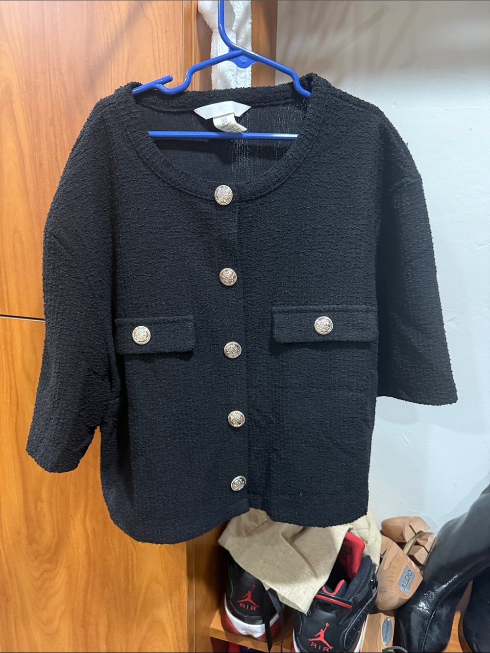 H&M Black Textured Button Blazer with Decorative Buttons